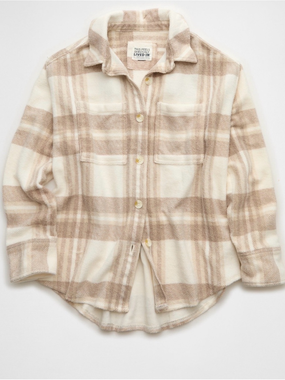 American Eagle Cream & Beige Plaid Button-Up Shacket
